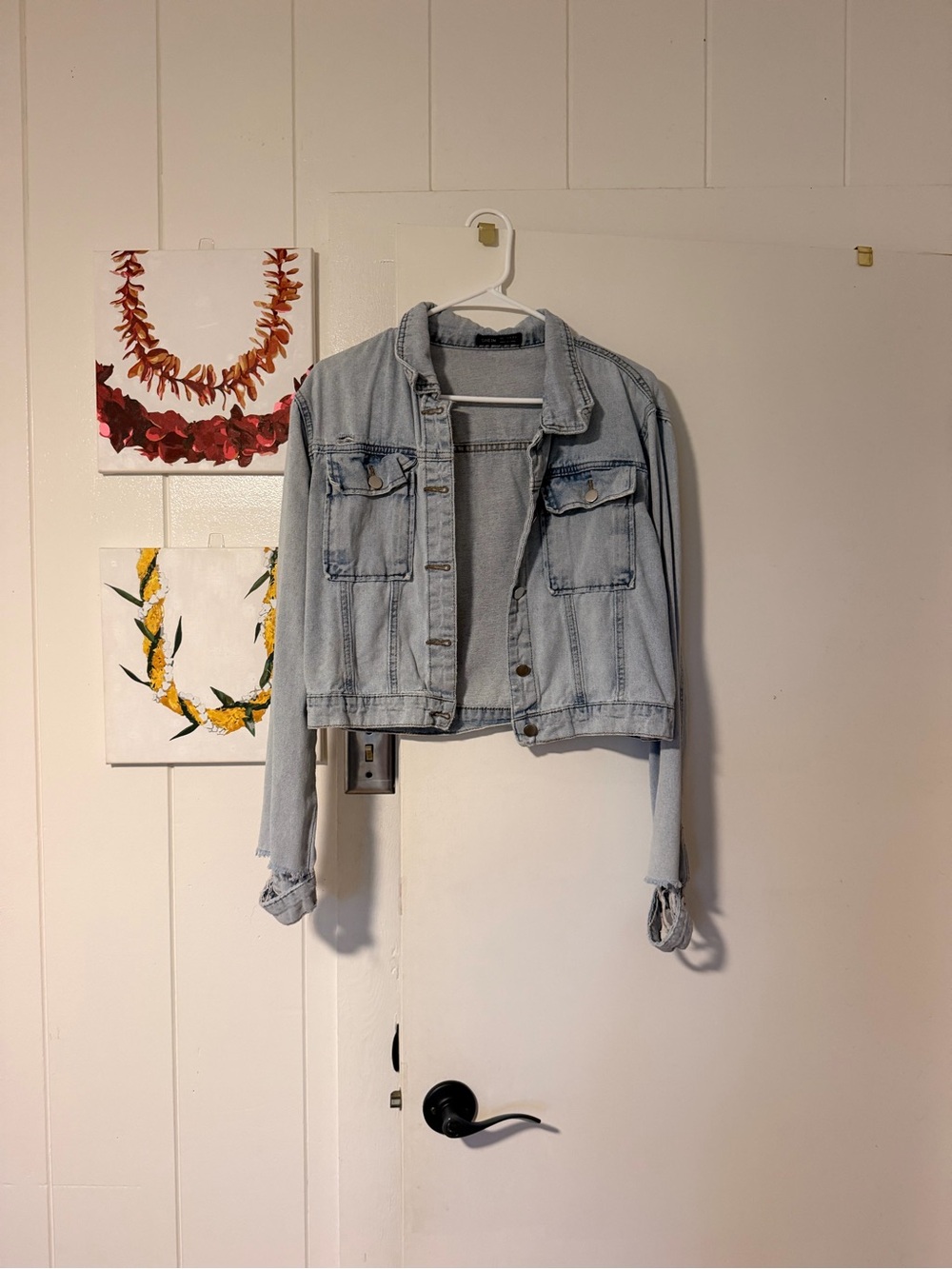 Shein Cropped Light Wash Distressed Denim Jacket